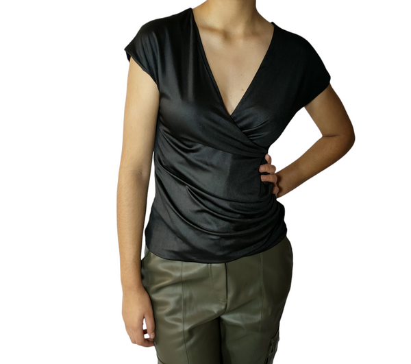 Black Satin Wrap Top