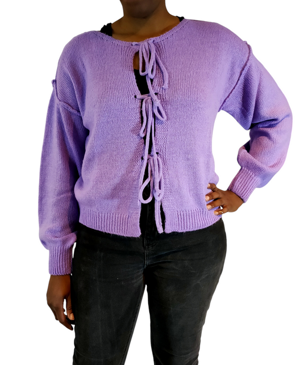 Cardigan in maglia viola con lacci