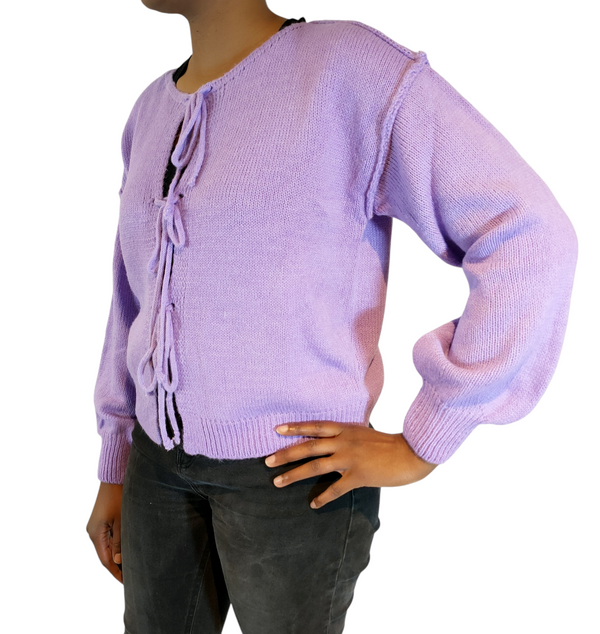 Cardigan in maglia viola con lacci